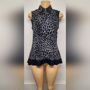 Signature Collection Hi Low Swing Top S 6-8 Button Down Leopard Print EUC